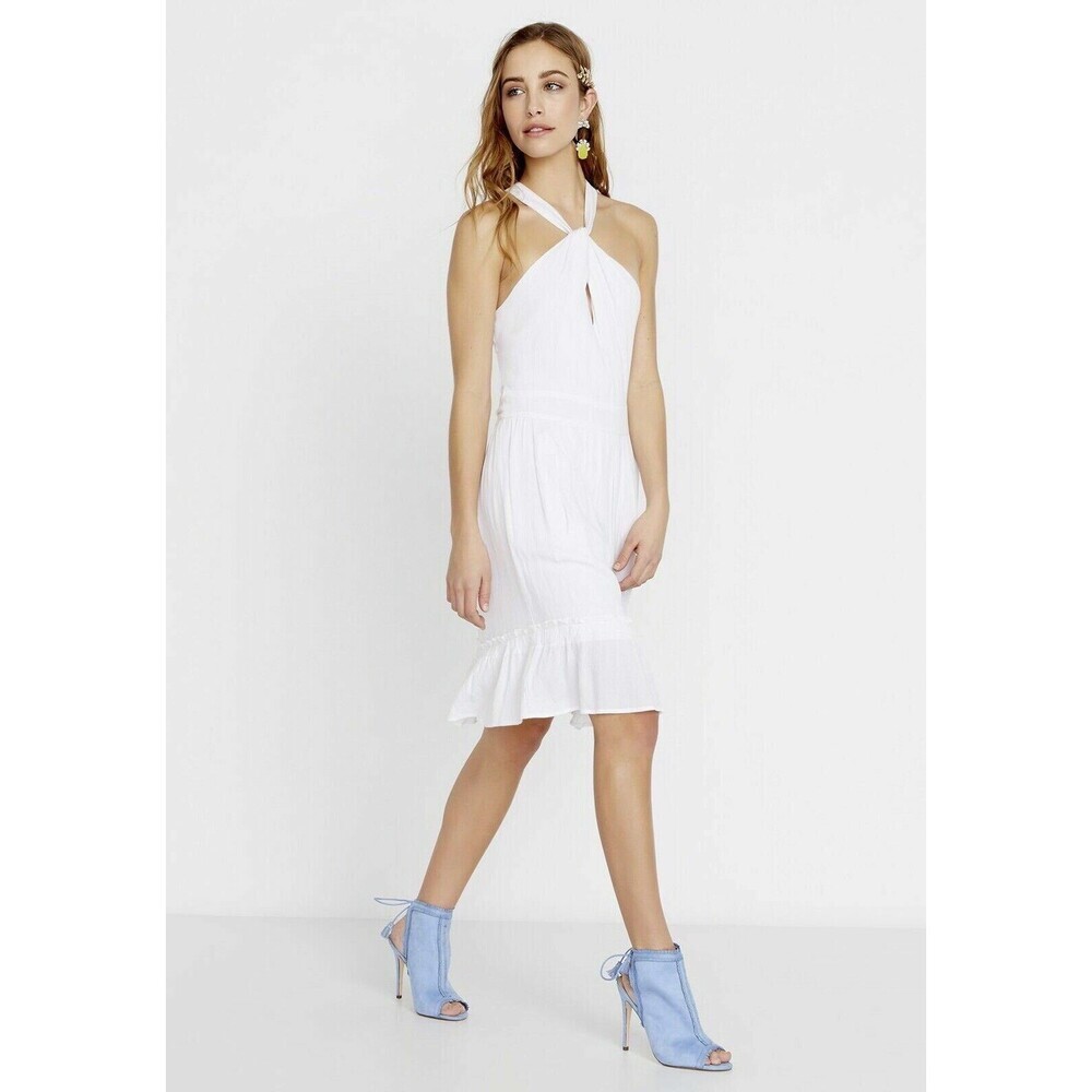 Buffalo David Bitton Women's Belted Ruffle Halter Neck White Summer Dress size M